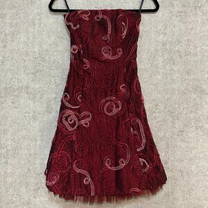 Maroon strapless Vintage Jessica McClintock dress with Pink swirls and Red tulle